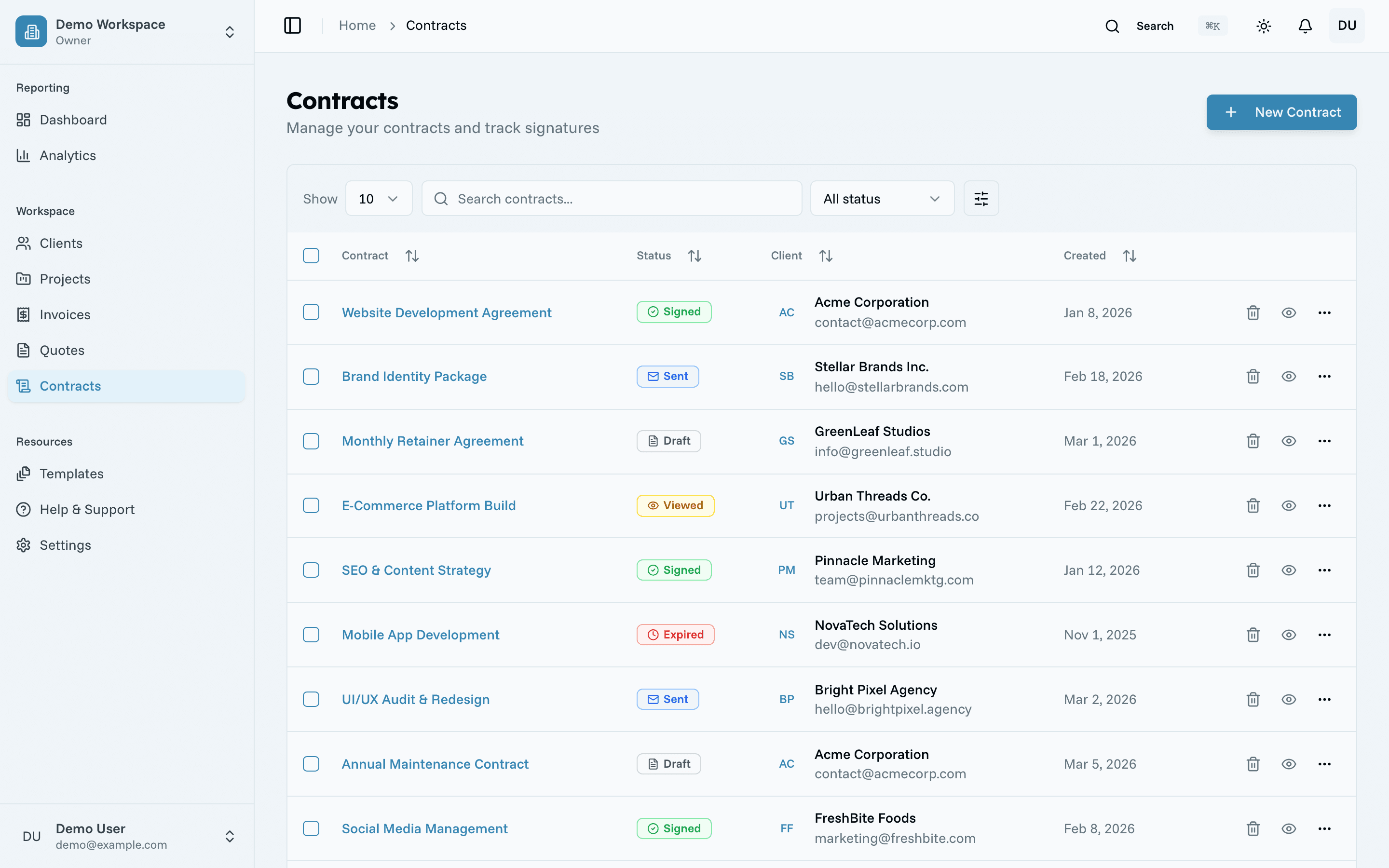 Oreko contracts table with status badges for Signed, Sent, Draft, Viewed, Expired